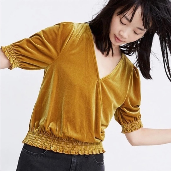 Madewell Tops - NWT Madewell Velvet Smocked Crossover Gold Top M